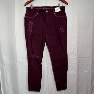 Express Ankle Legging Jeans 10S Burgundy Distressed Mid Rise Zip Ankle